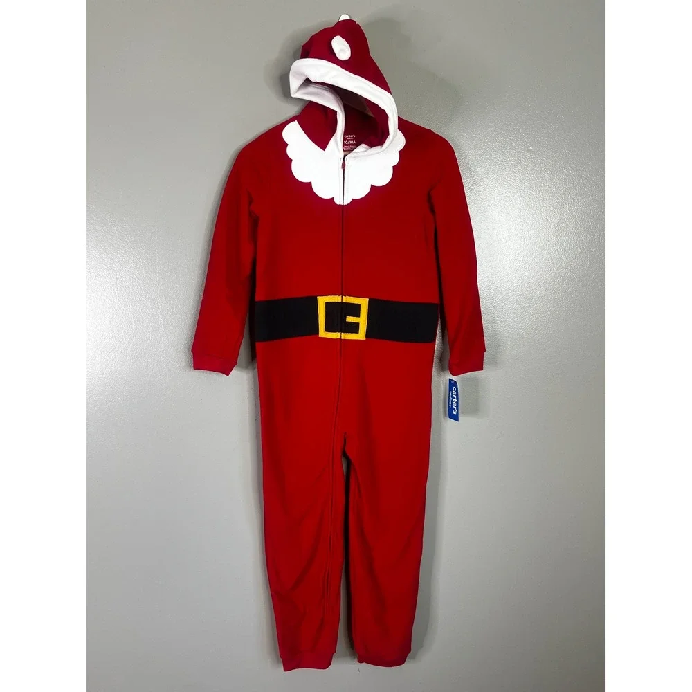 Carters Kids Santa Claus Fleece Hooded One Piece Pajamas Red Size 10 NEW